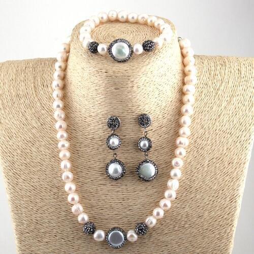 Free Shipping Fashion Bohemian Necklace Bracelet Earring Set Freshwater Pearl Strand Bracelets Handmake Paved Pear Jewelry Set