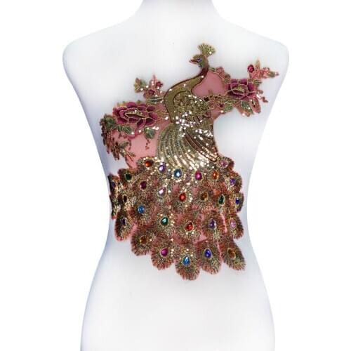 10piece Beaded Sequin Gold Mix Rhinestones Peacock Applqiue Lace Embroidery Applique Lace Fabric Patches Clothes Dress T2246