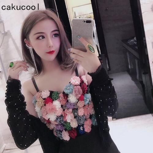 Cakucool Women 3D Floral Tank Heavy Embroidery Spaghetti Slim Crop Tube Top Evening Party Sexy Camisole Summer Tops Femme