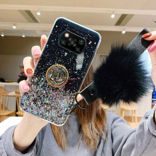 Poco X3 NFC Pro Case Luxury Bling Glitter Phone Cover For Xiaomi Poco F3 M3 F2 Pro Covers PocoX3 X3Pro With Hairball Stand Cases