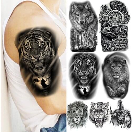 Black Tiger Temporary Tattoos For Men Adults Realistic Wolf Compass Lion Knight Fake Tattoo Sticker Arm Body Waterproof Tattoos