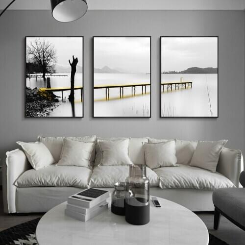 3pcs Black and white landscape lake tree stone yellow bridge Modern decorative Canvas Wall Art Poster for hotel room office deco