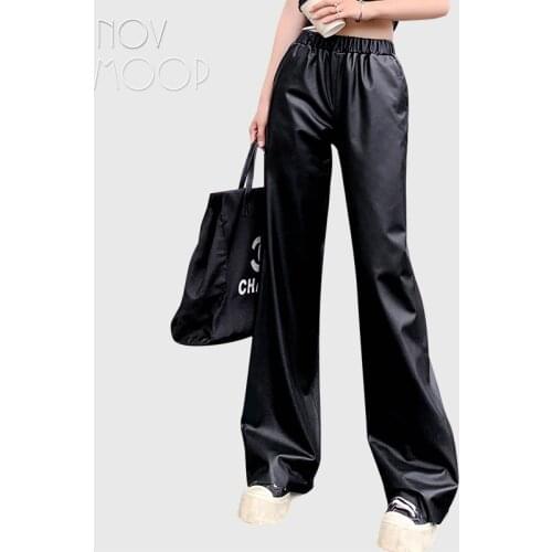 Novmoop sheepskin genuine leather women long pants wide leg openning loose elastic waistband Pantalons en cuir LT3551