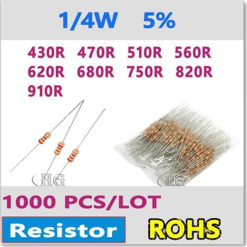 JASNPROSMA 1000PCS/LOT 5% 1/4W 430R 470R 510R 560R 620R 680R 750R 820R 910R carbon film DIP OHM high quality Resistor