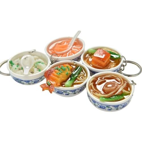 Chinese Blue and white porcelain Food Bowl Mini Bag Pendan Creative Simulation Food Key Chains noodle Creative Keychain