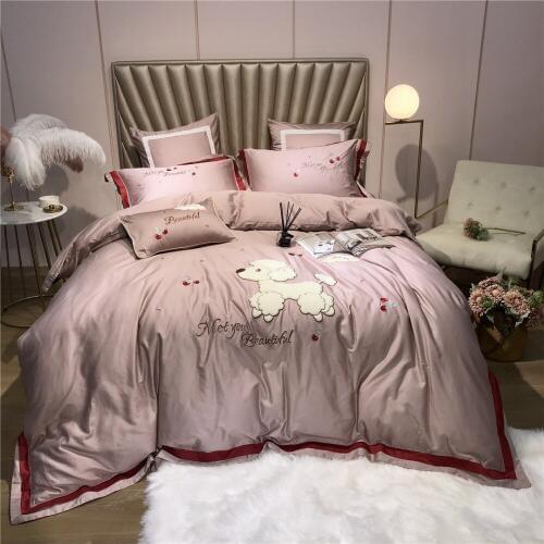 Lovely Dog 80S Egyptian cotton Embroidered Bedding sets Queen King Princess Duvet cover Bed sheet set Pillowcase 4/6pc Blue pink