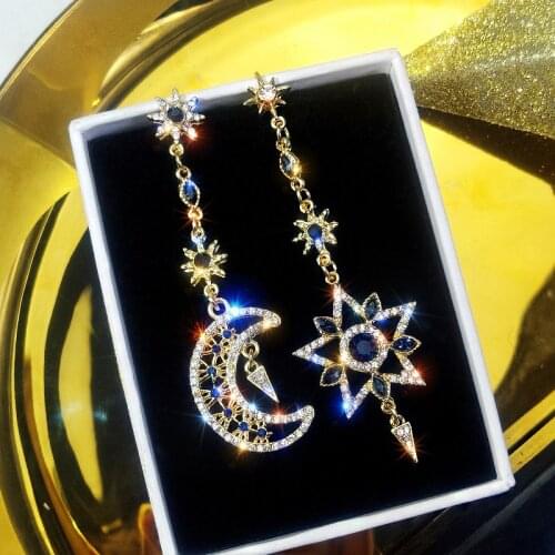 Korean Fashion Asymmetrical Rhinestones Stud Earrings Female 2021 Temperament Long Star and Moon Pendant Earrings