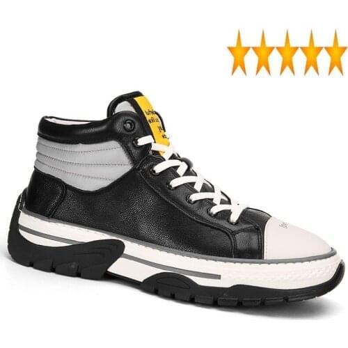 Hop British High Top Hip Genuine Leather Mens Casual Shoes Fashion New Corss Tied Round Toe Thick Bottom Increase Male Sneakers