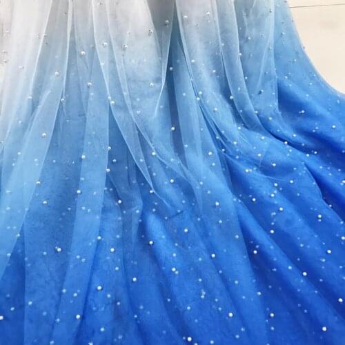 Hot selling Tulle Mesh+Pearls Net Lace Fabric 3meters/lot blue, Pink, Red gradually changing color Beaded Lace Fabric