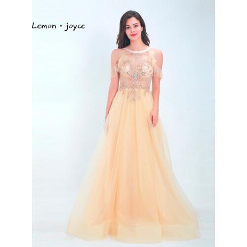 Lemonjoyce Elegant Champagne Evening Dress 2020 New Style O-Neck Top beading Illution A Line Floor Length Lady Prom Party Gown
