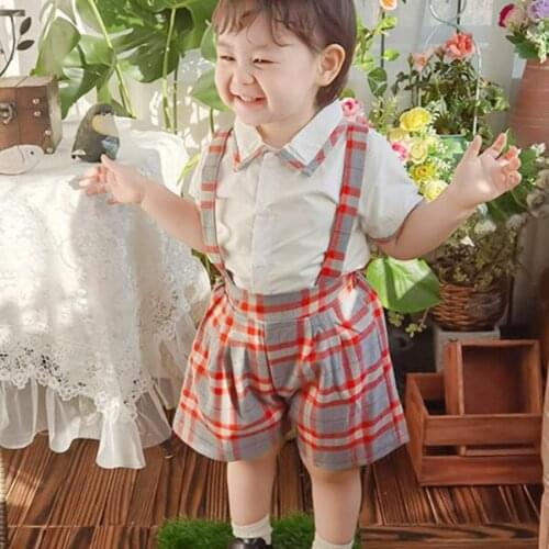 Baby girl summer cute cotton white shirt+plaid strap shorts kids two piece sets