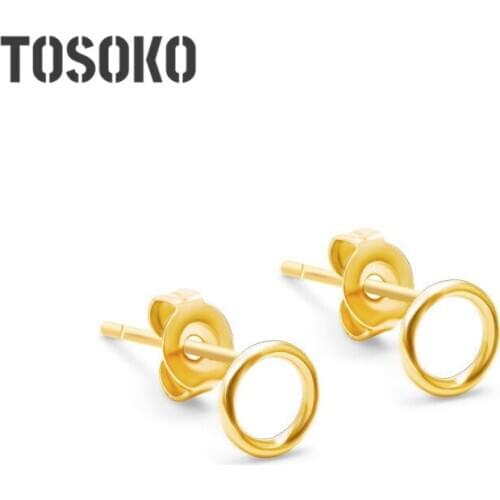 TOSOKO Stainless Steel Smal Earrings Circle Gold Coin Small Earrings Simple Female Jewelry BSF133