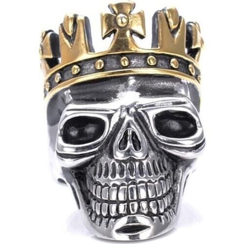 FDLK Mens Jewelry Gothic Fashion Vintage Skull King Carbide Mens Golden Crown Ring Punk Style-By Mate Ring