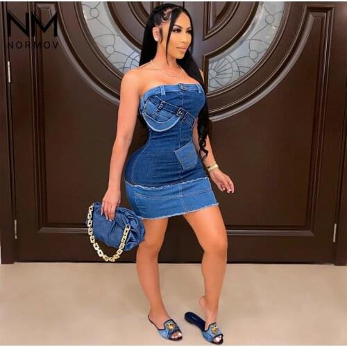 NORMOV New Strapless Dresses Women Denim Bodycon Short Party Summer Dresses Sleeveless Multicolor Jeans Skinny Party Club Dress