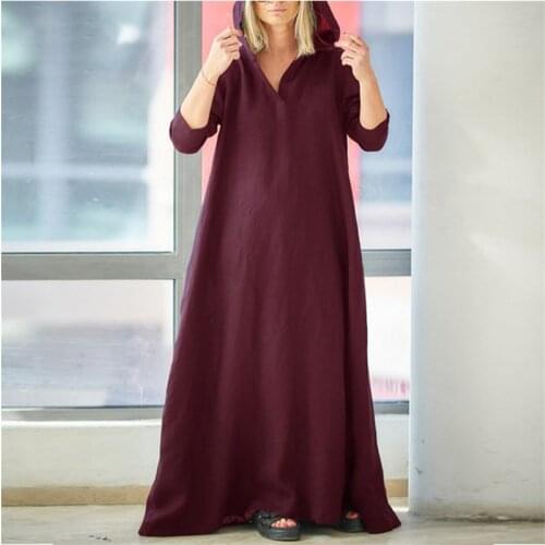 Autumn Muslim Dress Women Shirt Sundress 2021 Casual Long Sleeve Maxi Solid Vestido Female Hooded Turkish Robe Abayas For Women