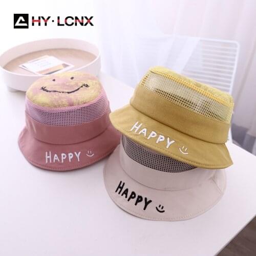 Summer New Sunscreen Net Bucket Hat Girl Fashion Cartoon Letter Embroidery Hat Boy Outdoor Adjustable Breathable Fisherman Hat