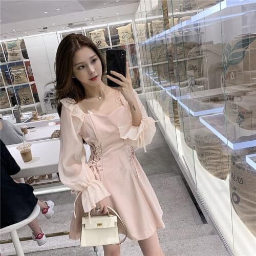 Vintage Women Retro Square Collar Long Sleeve Lace Up Side Bandage Short Dress for Women Mesh Long Sleeve Solid Dresses Female