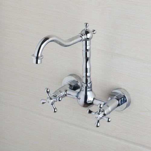 Polished Chrome Brass Wall Mounted Double Cross Handles Kitchen Sink Faucet Mixer Tap Swivel Spout acy004