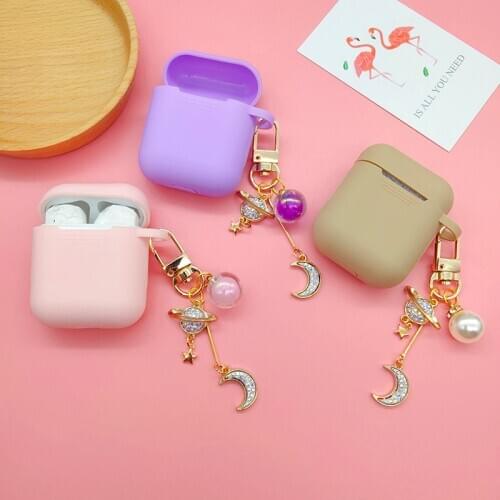 Luxury Diamond Cosmic Moon Pendant Decor for AirPods 2/1 Bluetooth Silicone Earphone Case Protect Cover With Cute Pearl Key Ring
