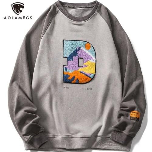 Aolamegs Casual Sweatshirts Men Letter Embroidery Harajuku Streetwear Couple Vintage Pullover Patchwork Autumn Hoodie All-match