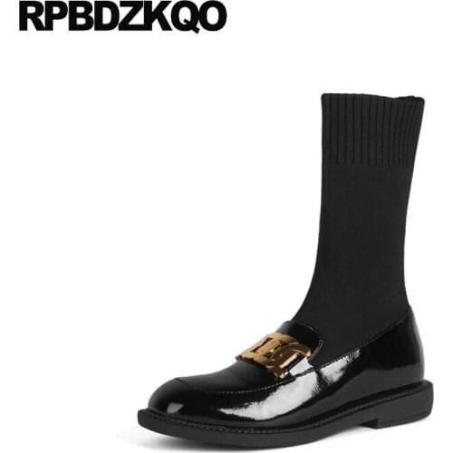 Women Luxury Brand Shoes Patent Leather Flat Trending Slim Elastic British Mid Calf Stretch Black Real Sock Knit Metal Boots
