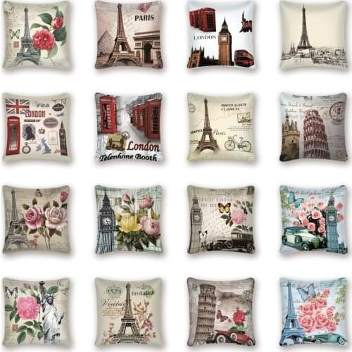 Paris Vintage Decorative Pillow Covers Flowers Tower London Big Ben Cushion Cover Sofa Home Car Farmhouse Decor Pillow Kissen