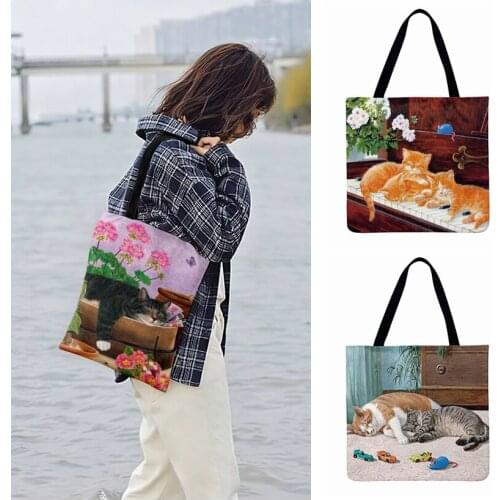 American Pastoral Painting Cat Print Tote Bag For Women Casual Tote Outdoor Beach Bags Foldable Shopping Bag Ladies Shoulder Bag