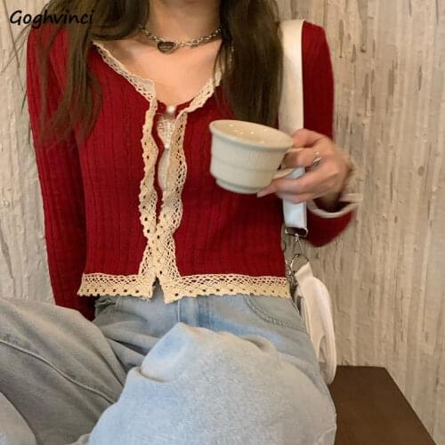 Women Cardigans Autumn Lace Spliced V-neck Button Short Sweaters Knitted Elegant Sweet Streetwear Casual Ins Sweet Ladies Girls