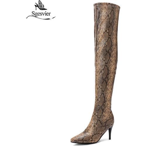 Sgesvier Snakeskin PU Leather Thin Heel Autumn Winter Over The Knee Boots Zipper Fashion Pointed Toe Women Shoes Size 30-48 G700