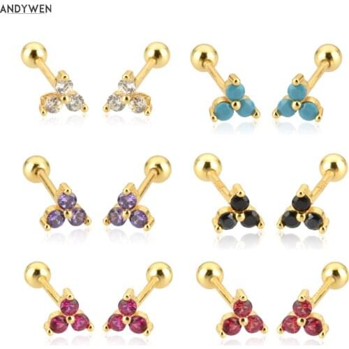 ANDYWEN 925 Sterling Silver Three Zircon CZ Charm Stud Earring Piercing Beads Clips Pendiente Mini Tiny Women Fine Jewelry Gift