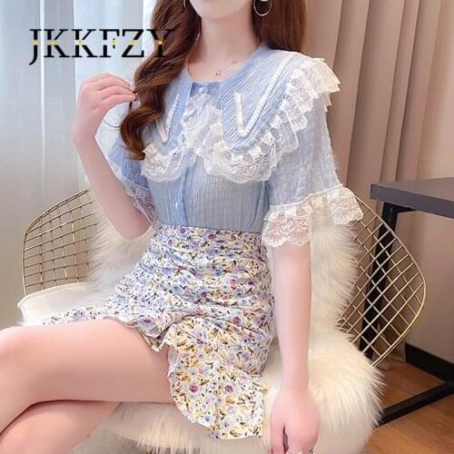 2021 Summer New Womens Fashion Casual Suit Skirt Lace Shirt + Print Trumpet Skirt Two-piece Suit Peter Pan Collar Blouse