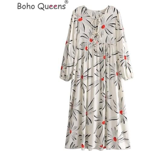 Boho Queens women tie neck tassel Geometric floral beach Bohemian maxi dress Ladies long sleeve rayon cotton Boho dress vestidos
