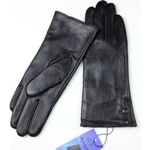 Leather gloves lady fashion metal button style new wool lining spring and autumn season warm driving gloves