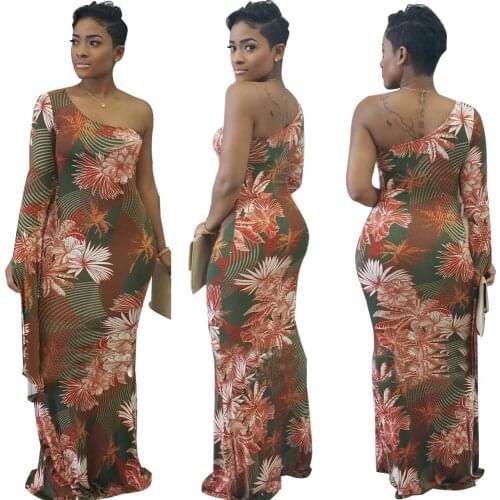 2019 Spring maxi dress Big Flower Print Single shoulder party dresses plus size women clothing