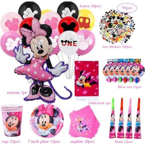 91pcs Disney Minnie Mouse Theme Birthday Party Supplies Sticker Cup Plate napkin Kids Girl Party decoration Disposable Tableware