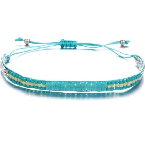 America Cross Border New Blue Color Square Beads Braided Rope Bracelet Creative Retro Simple Green Bead Push-pull Bracelet