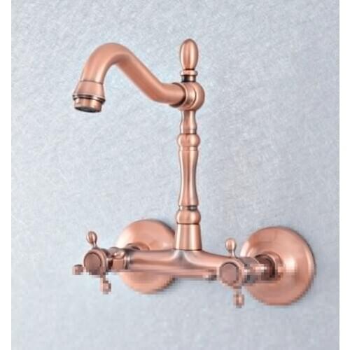 Antique Red Copper Kitchen Bathroom Basin Sink Faucet Vessel Tap Mixer Tap Dual Handles Wall Mounted zsf866