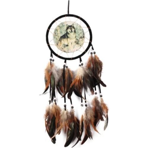 AT69 -Wolf Totem Dream Catcher Gift Handmade Dream Catcher Net with Feathers Wall Hanging Ornament for Home Decor
