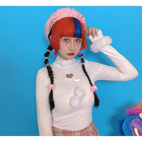 White Long Sleeve Women T-shirt Sweet Hair Ball Love Embroidery Turtleneck Slim Knitted Tops Japanese Harajuku Bottoming Shirt