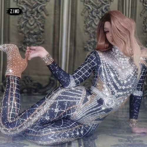 Rhinestone Crystal Jumpsuit Long Sleeve black womens Spandex Nightclub Prom Party Outfit Singer Jazz Dance Stage rave Costume