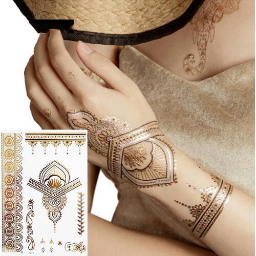 Boho Floral Temporary Metallic Tattoos Gold Silver Metallic Colors (1 Sheets)