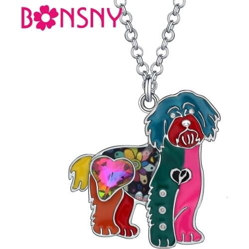 Bonsny Floral Enamel Alloy Sweet Havanese Dog Necklace Pet Animal Pendant Jewelry For Women Girls Fashion Gift Party Accessories