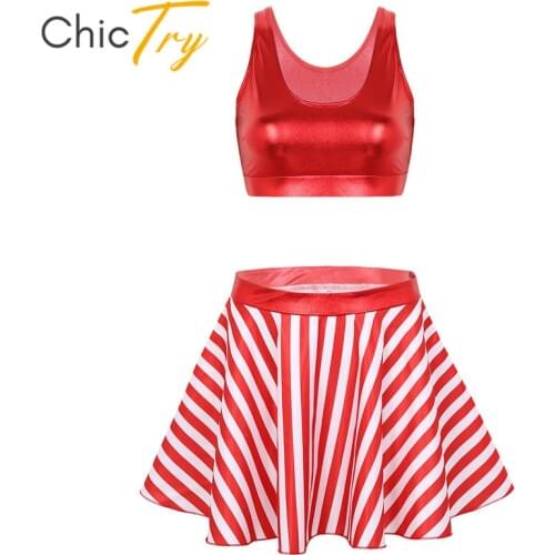 ChicTry Women Red Shiny Metallic Crop Tops with Striped Skirt Set Festival Rave Christmas Outfit Performance Jazz Dance Costume
