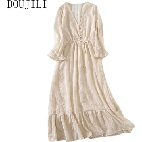 DOUJILI Elegant Women Dress Long Style Solid Color V Neck Long Sleeve Loose Soft Cotton Dress For Ladies