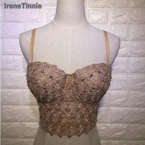 Irene Tinnie Nude Mesh Lace Bead Bustier Pearls Diamond Push Up Night Club Bralette Womens Bra Cropped Top Vest Corset