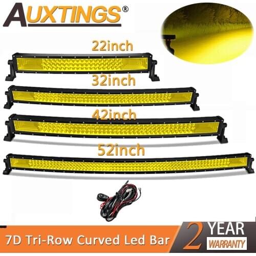Auxtings 22" 32" 42" 52" Curved Led Light Bar Work Light 7D led bar Yellow 4x4 Truck ATV Car Roof Offroad Amber Fog Light Bar