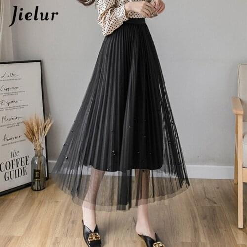 Jielur 2021 Summer Skirt Mesh Solid Color Tulle Skirts Womens Loose Slim Elastic Waist Female Jupe Tutu Skirts High Waist