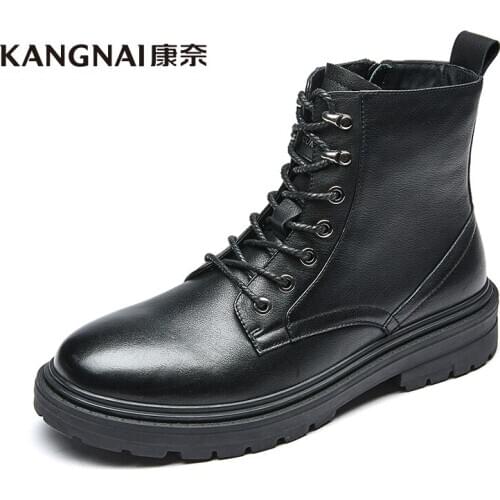KANGNAI Men Boots Genuine Leather Lace-Up Ankle Boots Martin Fashion High Top Winter Shoes Mens