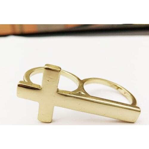 Alloy Cross Two Finger Ring For Women Gothic Punk Style Ligth Gold Color Fashion Jewelry Men Gift Wholesale Free Shipping VGR014
