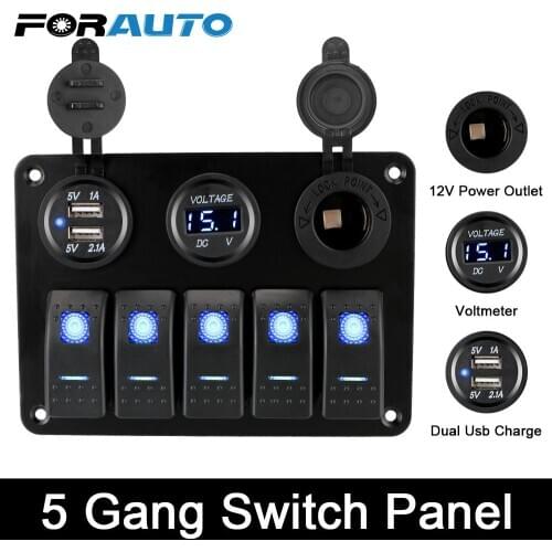 12/24V Outlet Combination Dual USB Slot Socket Digital Voltage With Fuse 5 Gang LED Rocker Switch Panel Waterproof